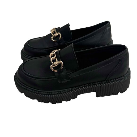 Lug Sole Loafers Black Gold Chain Embellished Chunky Sole Polished NWOT Size 40 - Picture 3 of 10
